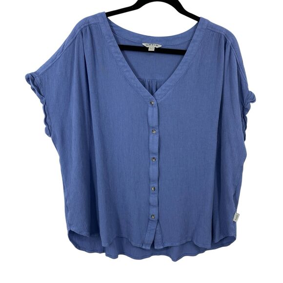 Orvis V Neck Short Sleeve Button Up Top Women Size XXL Blue Crinkle Rayon - Picture 1 of 11
